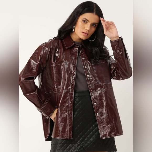 MNG Mango Faux Leather Shacket Button Down Shirt Maroon‎ Size 6 - Picture 1 of 12